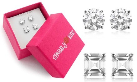 Sterling Silver Round and Princess Cut CZ Stud Duo Set in Box By Sparkly Kidz