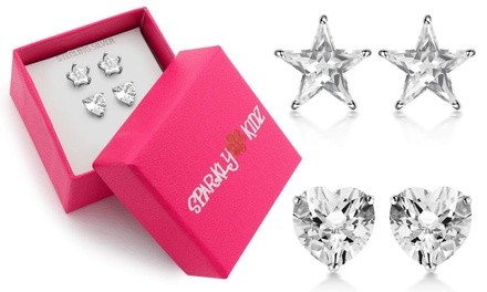 Sterling Silver White Star and Heart Stud Duo Earring Set In a Box