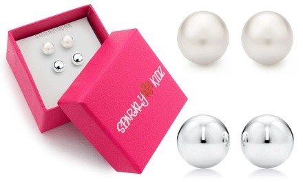 Sterling Silver Pearl and Ball Stud Earring Duo Set In a Box By Sparkly Kidz