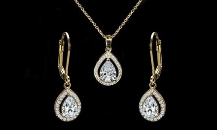 14K Gold Plated Pear Halo Pendant and Drop Earrings Set Made with Swarovski Elements by Elements of Love