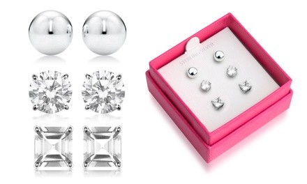 Sterling Round Ball Studs, Square CZ and Round CZ 3-pr. Stud Earrings Set