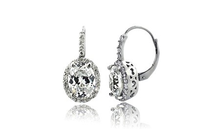 Silver Tone 4ct CZ Oval Halo Leverback Earrings