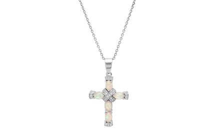 Ladies 18k White Gold Plated Cubic Zirconia And Opal Cross Necklace