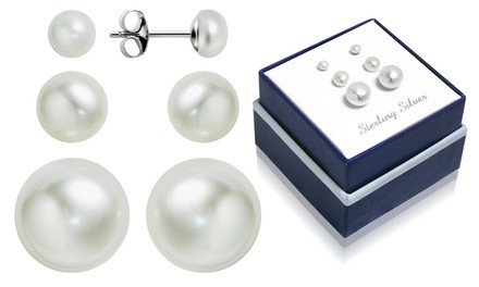 MUIBLU Gems Sterling Silver 4MM,6MM,10MM Trio Freshwater Pearl Stud Earring Set