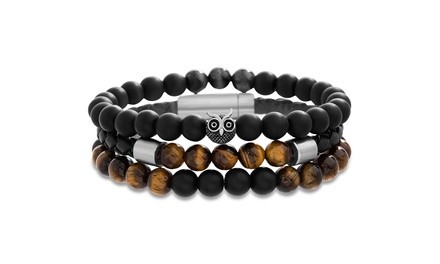 Simply Steel Mens Tigers Eye, Onyx, & Black Leather Stainless Steel Bracelet Set