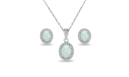 White Opal & White Topaz Oval Halo Necklace & Earrings Set in Sterling Silver