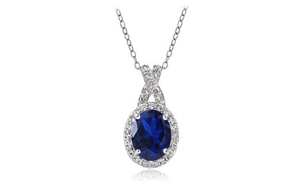 Yellow Gold Flashed Silver Created Blue Sapphire & White Topaz Oval X Necklace