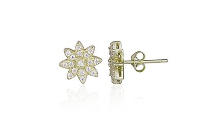 Yellow Gold Flashed Sterling Silver Cubic Zirconia Flower Stud Earrings