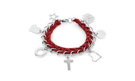 Stainless Steel and Woven Leather Love and Faith Charm Bracelet
