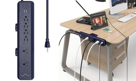 6-Outlet and 2 USB Charging Port Workshop Power Strip with Clamp Mount