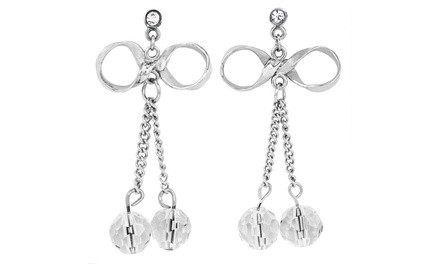 Stainless Steel Bow and Crystal Dangle Earrings