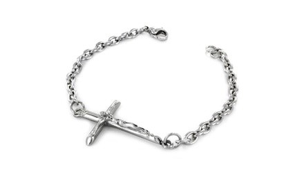 Large Stainless Steel Sideways Crucifix Link Bracelet