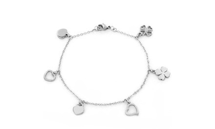 Stainless Steel Heart and Clover Charm Bracelet