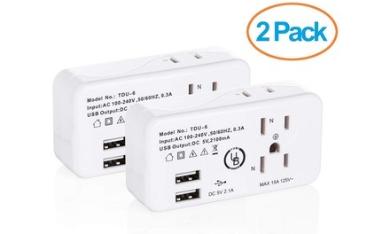 3 Outlet Mini Travel Wall Tap with 2 USB Port (2 Pack)