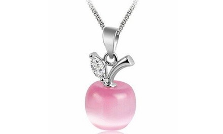 18K White Gold Plated Opal Apple Pink Apple Pendant Necklace