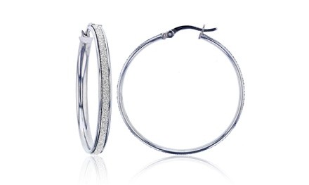 Sterling Silver Rhodium White Glitter 35X3.5mm Hoop Earring