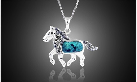 Sterling Silver Genuine Marcasite and Turquoise Horse Necklace