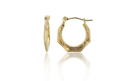 14K Yellow Gold 15x2mm Polished & Textured Hexagon Hoop Earring