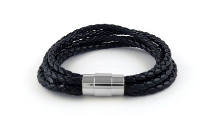 Mens 5 Row Geunine Leather Magnetic Braided Bracelet