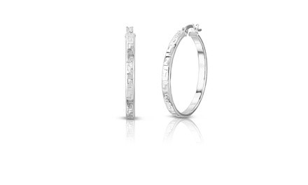 Solid Sterling Silver Diamond Cut Greek Key Hoops