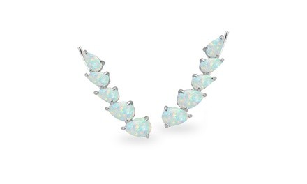 Opal Teardrop Curved Climber Crawler Earrings in 925 Sterling Silver