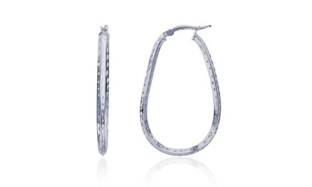 Sterling Silver Rhodium 45x3mm Polished & DC Pear Shaped Hoop Earring