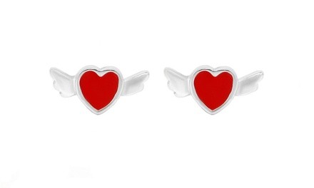 Children's Sterling Silver Angel Wing Heart Stud Earrings
