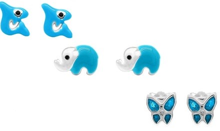 Children's 3 Pack Shark, Butterfly, and Dolphin Enamel Earrings in Silver
