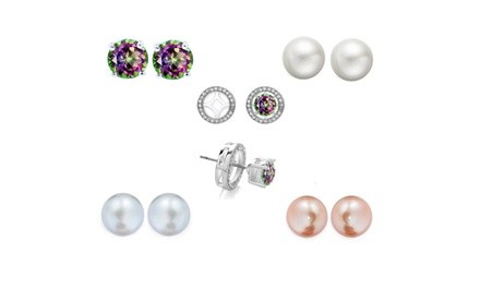 Set of 4 Rainbow Topaz And Freshwater Pearl Interchangeable Halo Stud Set