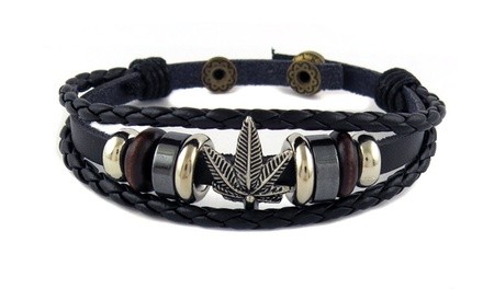 Men's Genuine Leather Three Row Hemp Leaf Bracelet