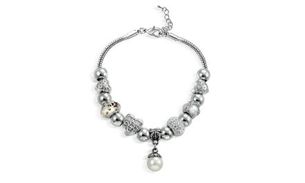 Clear Crystal & Pearls Love Grandma Bead Charm Bracelet