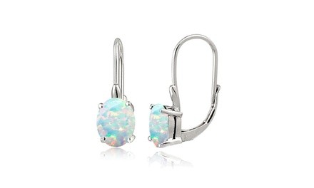 White Opal 8x6mm Oval Leverback Drop Earrings in 925 Sterling Silver