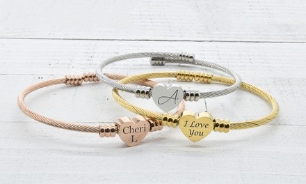 One, Two, or Three Personalized Solid Stainless Steel Bypass Heart Cable Bracelets (Up to 75% Off)