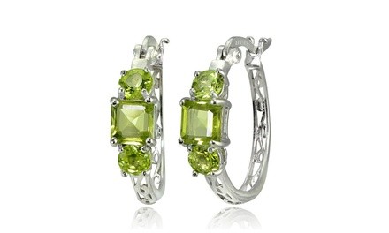 Sterling Silver Peridot Three-Stone Filigree Hoop Earrings