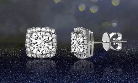 3.44 CTTW Halo Stud Earrings with Swarovski Elements Crystals in 18K White Gold 