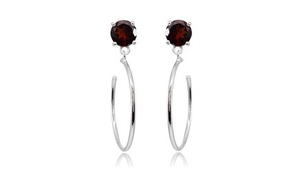 Sterling Silver 5mm Garnet Dangling Half Hoop Stud Earrings