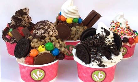 Four Medium 9oz Cups with 2oz of Toppings, or Gift Card at 16 Handles (Up to 30% Off). Three Options Available.