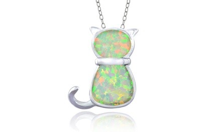 Sterling Silver Created White Opal Cat Necklace