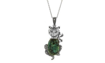 Genuine Turquoise and Marcasite Sterling Silver Kitten Necklace