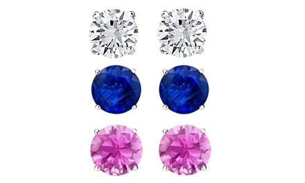 Set of 3 6.00 CTTW Blue , Pink and White Sapphire Sterling Silver Studs