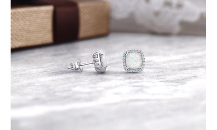 Sterling Silver White Opal Cushion Cut Halo Studs