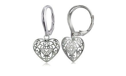 Sterling Silver High Polished Filigree Heart Dangle Leverback Earrings