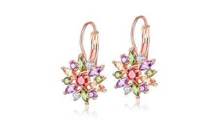 Multi-Colored Crystal Flower Lever-back Earring in 18K Rose Gold