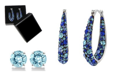 Blue Swarovski Crystal Hoop Earrings With 2.00 CT  Stud &  Giftbox