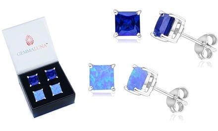 Genuine Gemstone Princess Sapphire and Opal Stud Earrings Set (2 PACK)