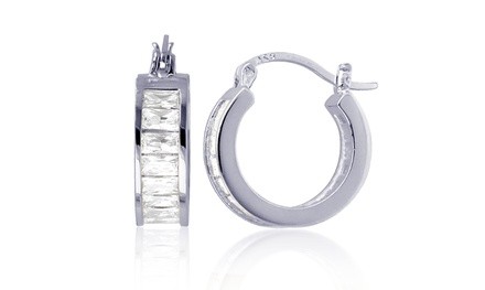 Sterling Silver Baguette Cut Hoop Earring