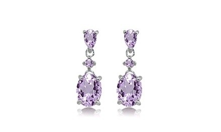 Sterling Silver Amethyst Oval Three Stone Dangling Stud Earrings