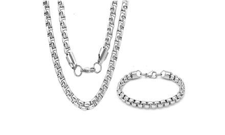 Men's Round Box Stainless Steel Necklace And Bracelet Set