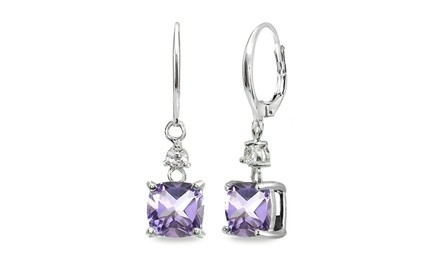 7mm Cushion-cut Amethyst & White Topaz 925 Silver Dangle Leverback Earrings