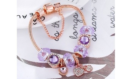 18K Rose Gold Plated Purple Crystal Charm Bracelet With Swarovski Elements